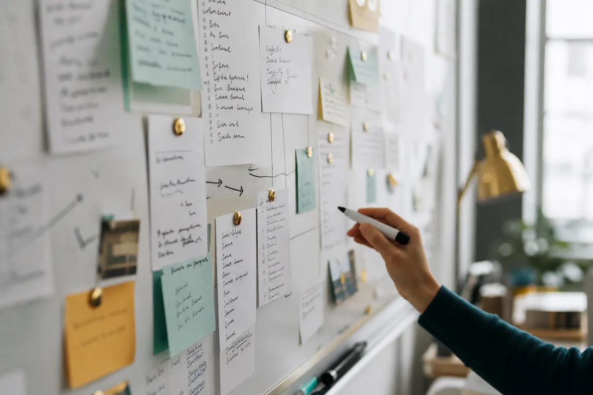 Tableau de prospection couvert de notes manuscrites et de listes de prospects dans un bureau