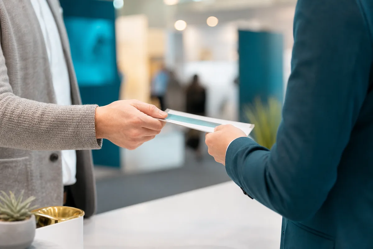 Échange de coordonnées entre un exposant et un visiteur sur un stand de salon professionnel