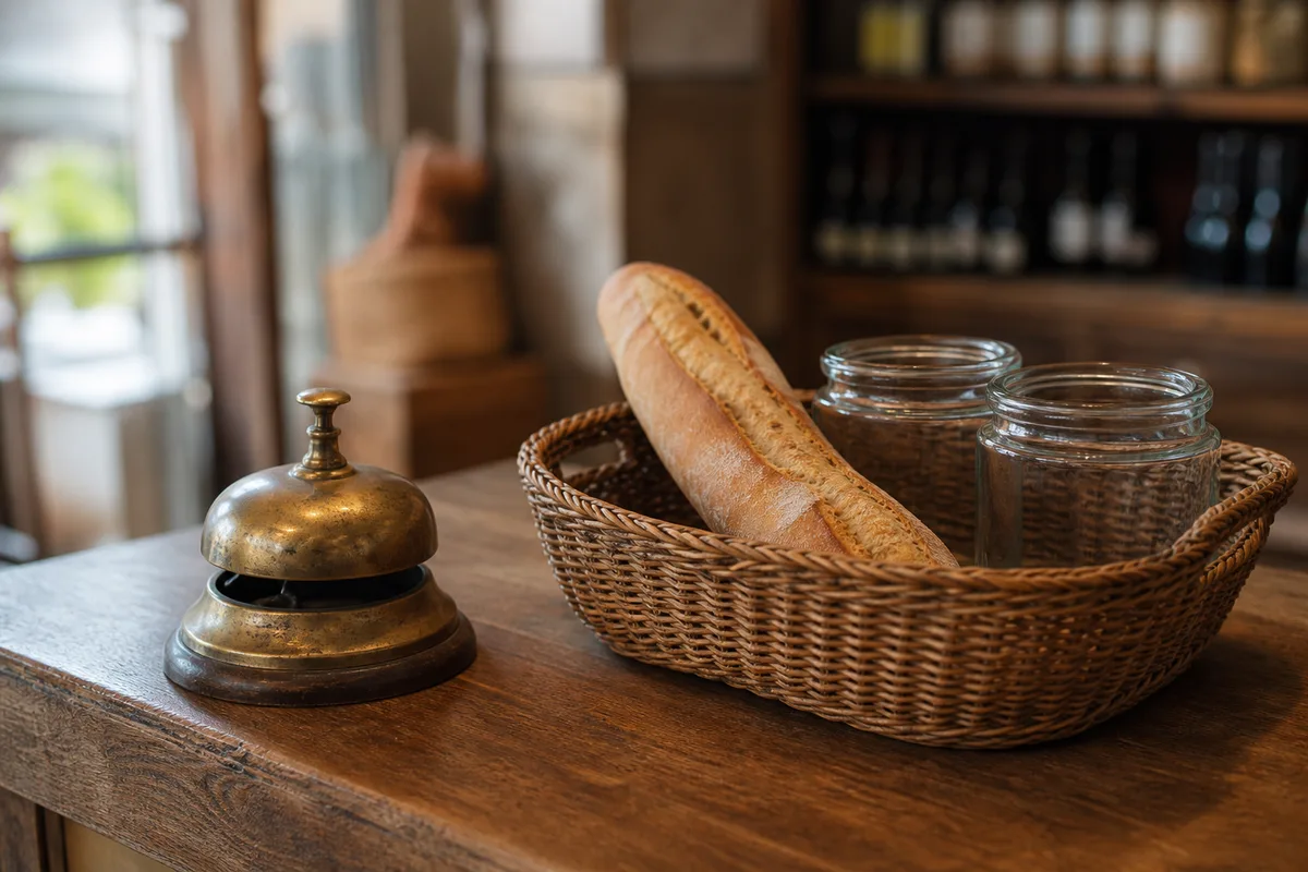Cloche de comptoir, panier en osier et bocaux évoquant commerces et hôtellerie